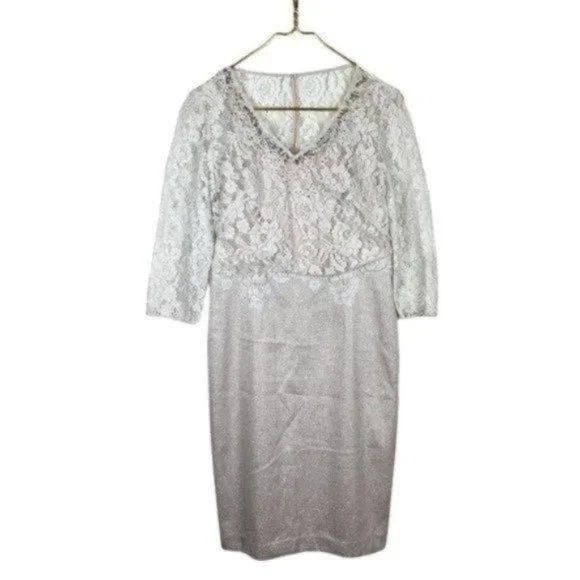 Kay Unger | Dresses | Kay Unger Beaded Lace Dress 34 Sleeve Vneck Sheath Dress  Cream Womens Size 8 | Poshmark